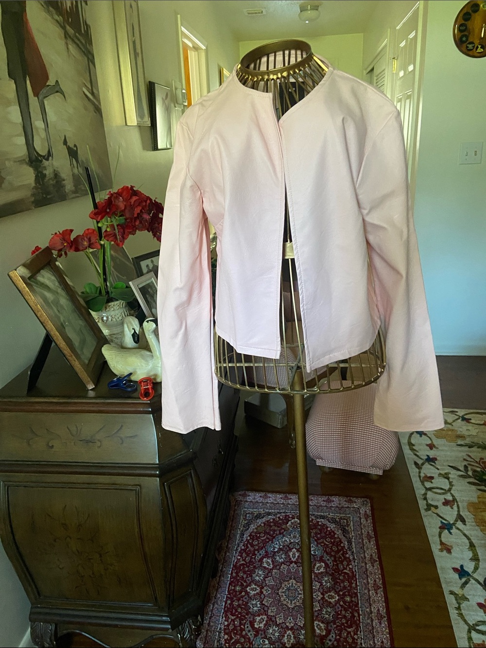 Women's Pale Pink Collarless Faux Leather Jacket